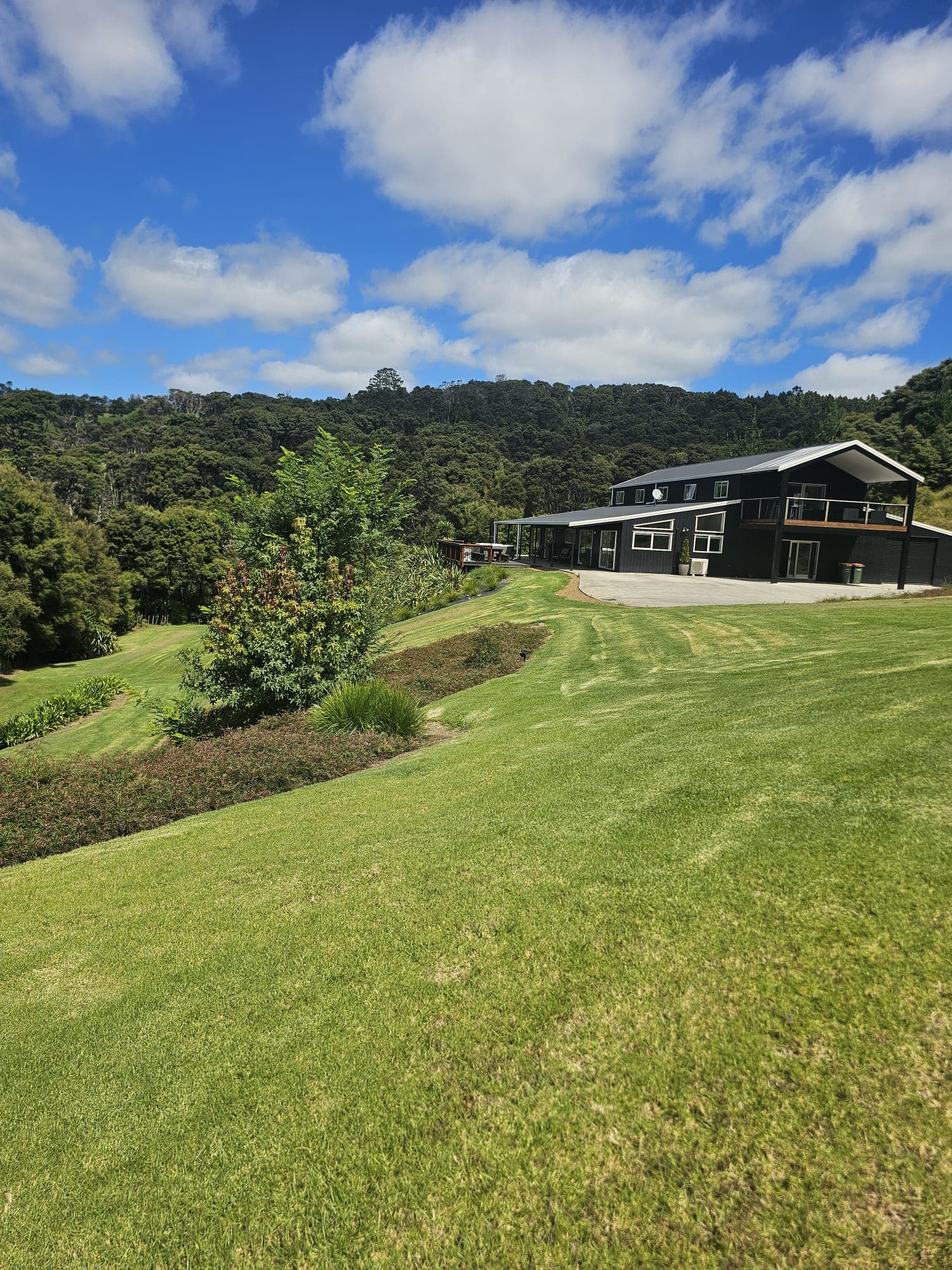 The black barn set on its hillside, wrapped in native bush