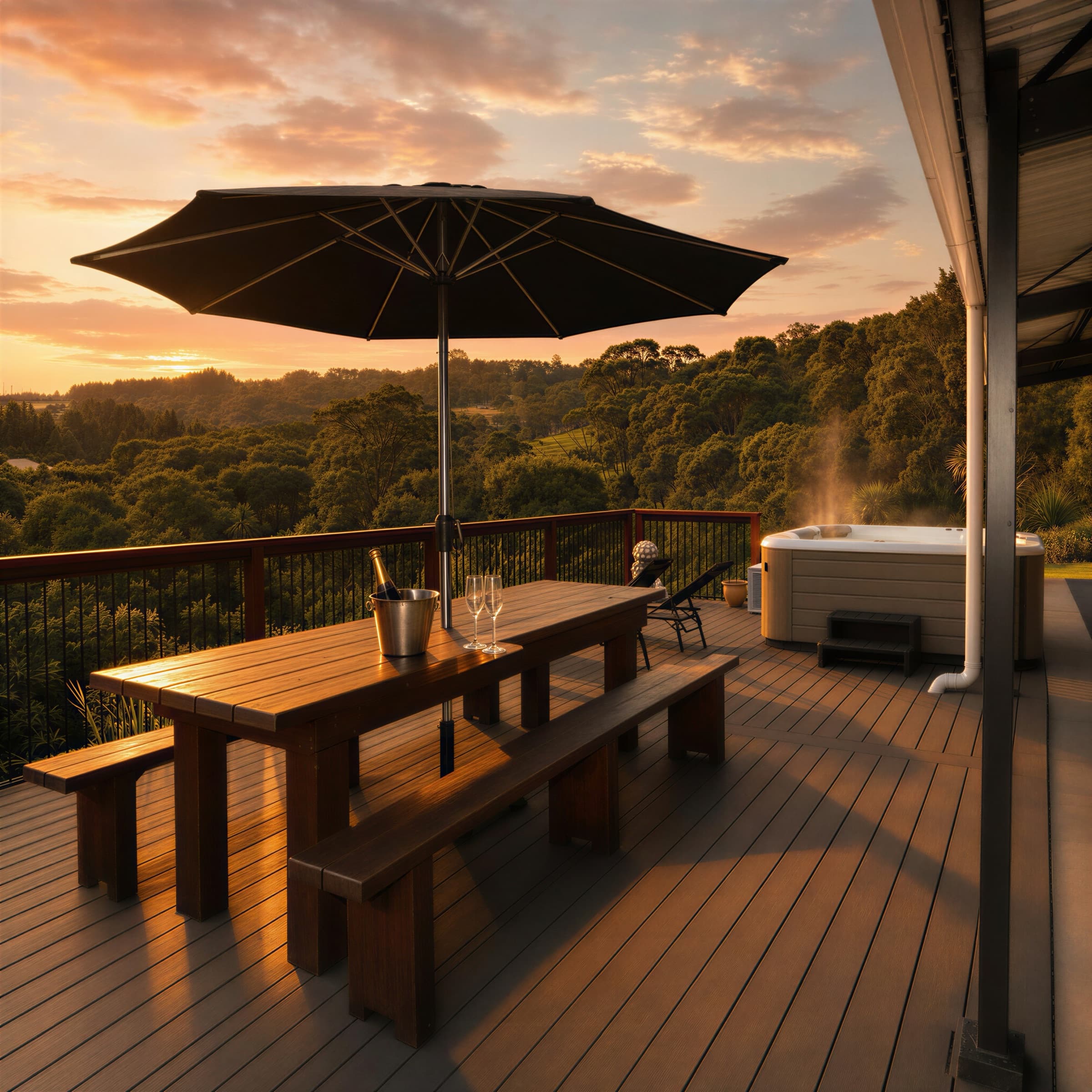 The deck at dusk with the spa pool steaming, valley beyond