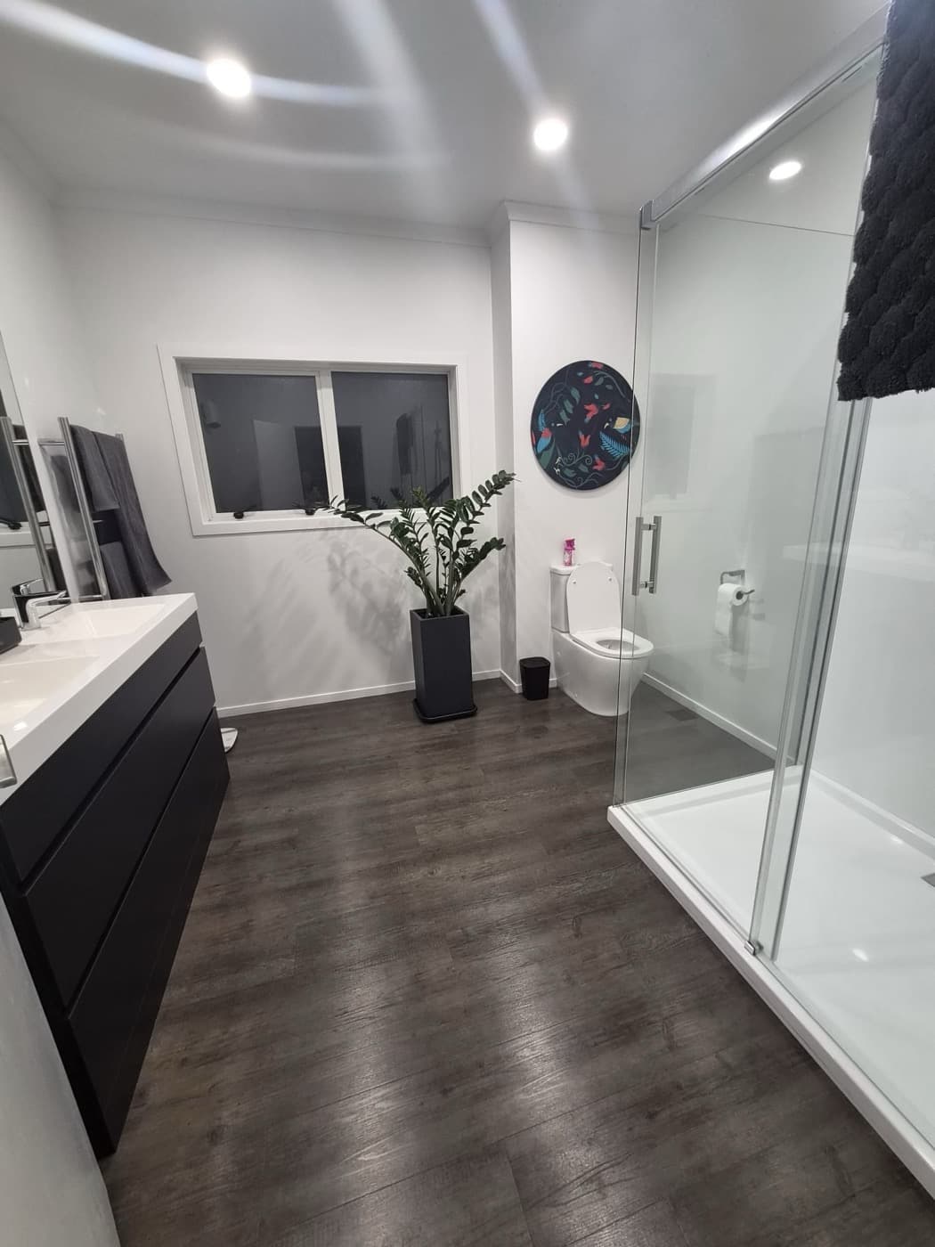 The main bathroom with walk-in shower and round bird artwork