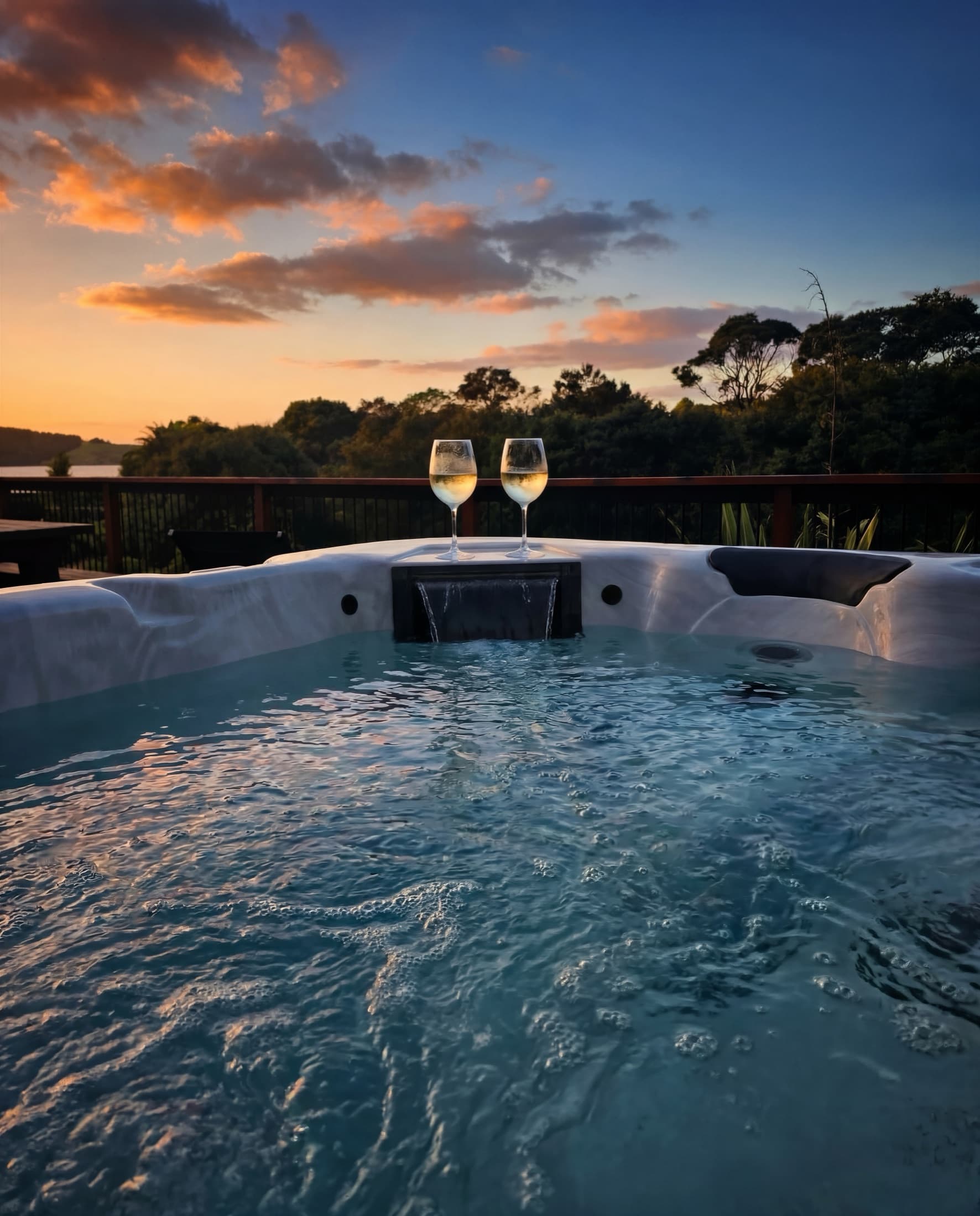 Two glasses of champagne on the spa pool at dusk, valley beyond